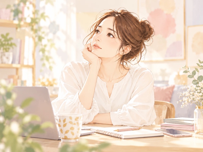 仕事や生活を頑張ってきたなかで、結婚について静かに考える女性のイラスト
